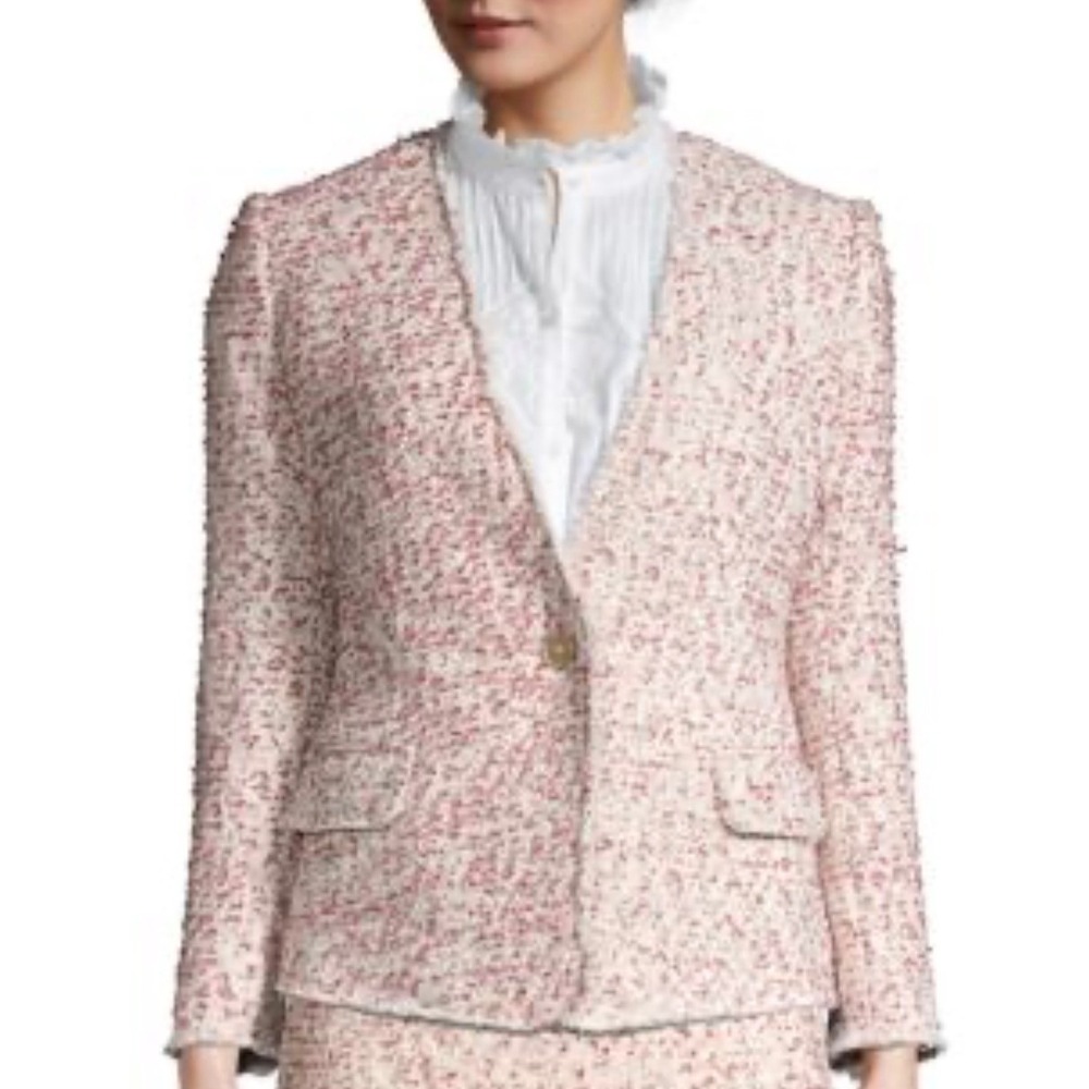 Rebecca Taylor Tailored Textured Tweed Blazer Pink‎ White Single Button V-Neck